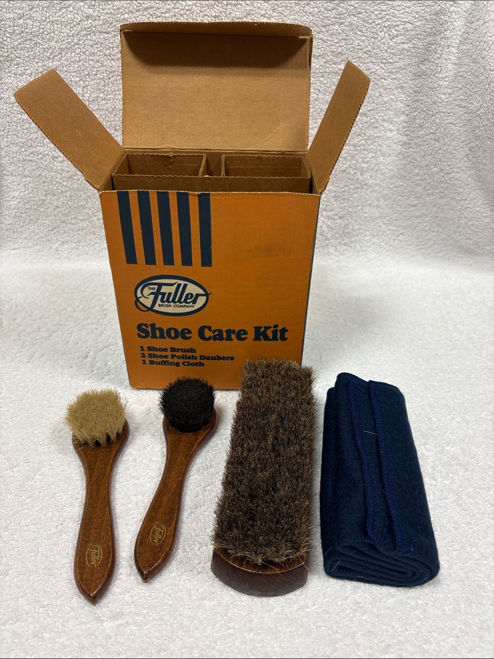 Fuller brush vintage Shoe Care Kit – Brown Brush Set with Navy Polishing Cloth